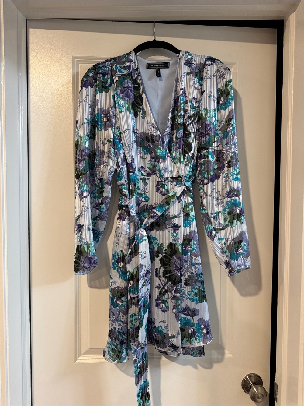 BCBGMaxAzria White Floral Pleated Wrap Mini Dress with Teal and Purple Accents